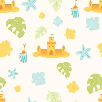 Summer seamless pattern with sand castle, shells, corals on white backgroun.. イラスト素材