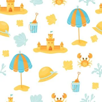 Summer seamless pattern with sand castle, sun umbrella, shell, crab and str.. Stock Illustration