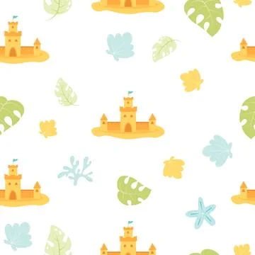 Summer seamless pattern with sand castle, shells, corals and tropical leave.. 库存插图
