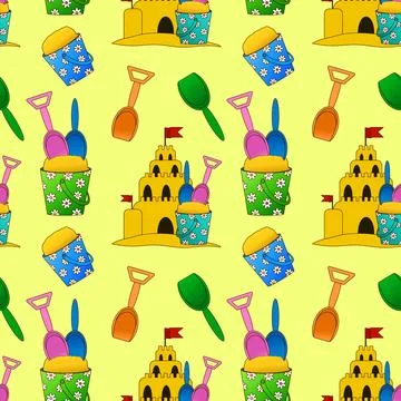 Summer seamless pattern of sand castle, beach bucket, shovel, and playful bea Stock Illustration