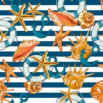 Summer Seamless Pattern with Sea Shells, Anchor 스톡 일러스트