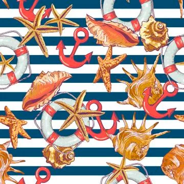 Summer Seamless Pattern with Sea Shells, Anchor Illustrazione stock