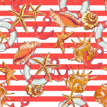 Summer Seamless Pattern with Sea Shells, Anchor Illustrazione stock