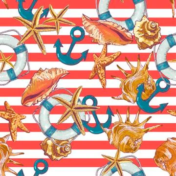 Summer Seamless Pattern with Sea Shells, Anchor Stock Illustration