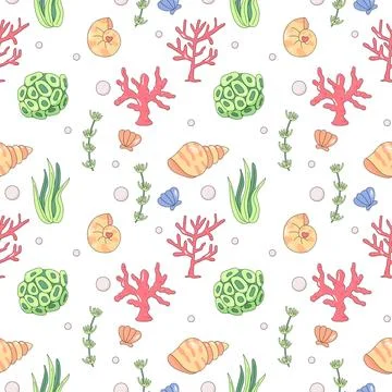 Summer seamless pattern, sea world, seaweed, seashells, children Illustrazione stock