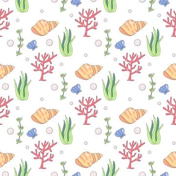 Summer seamless pattern, sea world, seaweed, seashells, children Stock Illustration