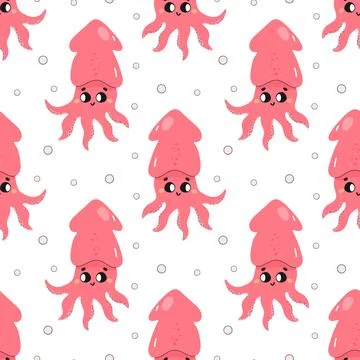 Summer seamless pattern, sea world, cute squid, cuttlefish, baby . for fabr.. Illustrazione stock