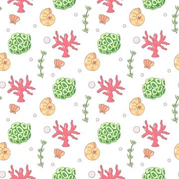 Summer seamless pattern, sea world, seaweed, seashells, children 스톡 일러스트