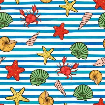Summer seamless pattern Seashell on horizontal watercolor blue stripes. des.. Stock Illustration