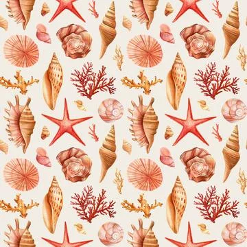 Summer Seamless pattern with seashells, coral and starfish. Marine background Stock Illustration