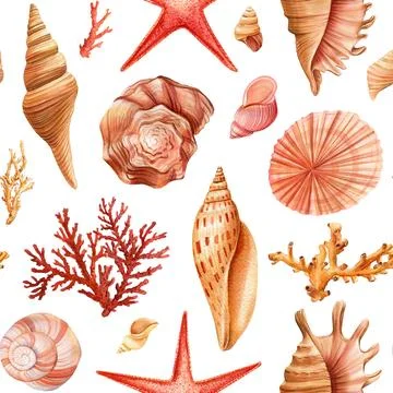Summer Seamless pattern with seashells, coral and starfish. Marine background Illustrazione stock