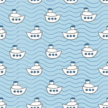 Summer seamless pattern with ship images blue ocean background in doodle styl Stock Illustration