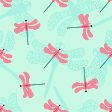 Summer seamless pattern with silhouette of dragonfly fly. Vecor background. Stock Illustration