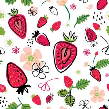 Summer seamless pattern with strawberries and flowers on white backdrop. Hand イラスト素材