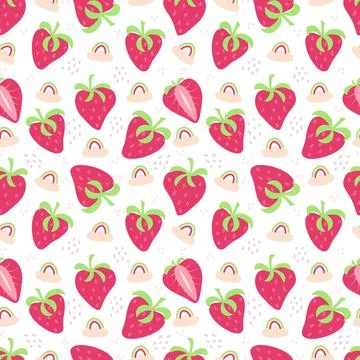 Summer seamless pattern with strawberries, rainbow and clouds. Vector backgro Illustrazione stock