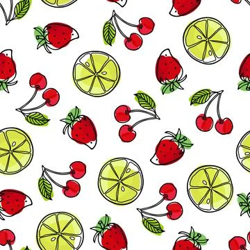 Summer seamless pattern. Strawberry, lime, cherry. Bright berry. Outline vector Stockillustratie