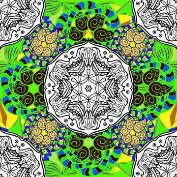 Summer seamless pattern with stylized flowers. Green, white and black. Vector or Illustrazione stock