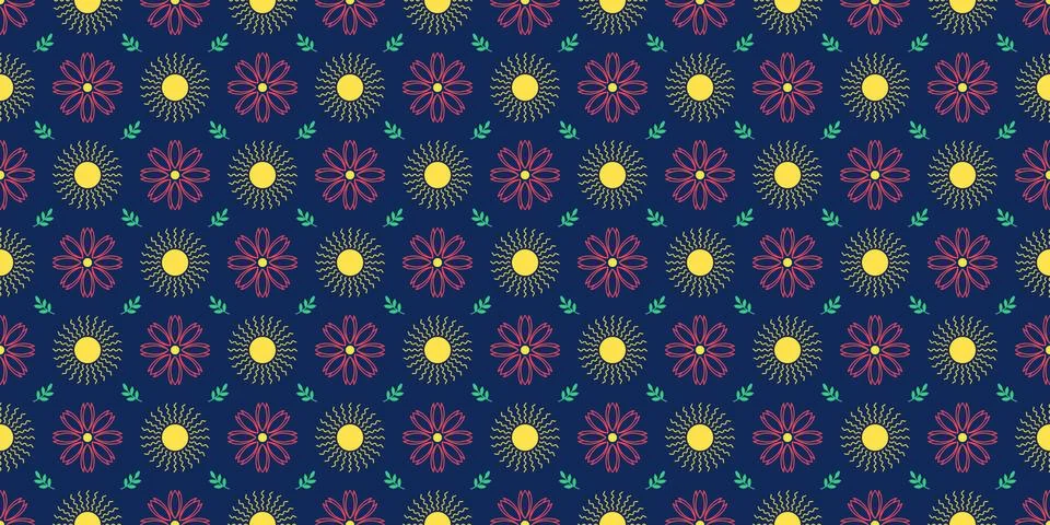 Summer seamless pattern with sun, geometric flower and leaf branch. Spring fl Stock Illustration