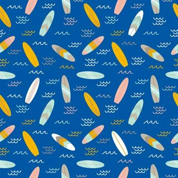 Summer seamless pattern with surfboards. Cute sea, ocean background. Flat s.. イラスト素材