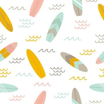 Summer seamless pattern with surfboards. Cute sea background. Flat style desi Illustrazione stock