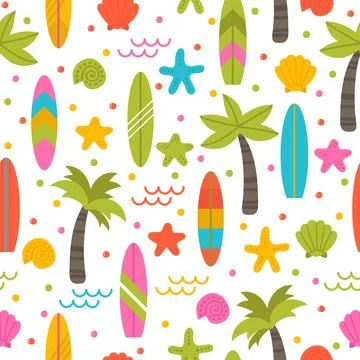 Summer seamless pattern with surfboards, palm trees and shells. Cute ocean .. Illustrazione stock