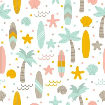 Summer seamless pattern with surfboards, palm trees and shells. Cute sea ba.. Stock Illustration
