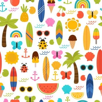 Summer seamless pattern with surfboards, palm trees, anchors, sunglasses an.. 스톡 일러스트