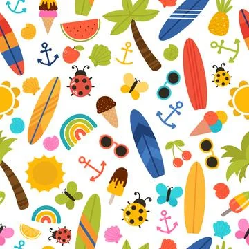 Summer seamless pattern with surfboards, palm trees, anchors, sunglasses an.. イラスト素材