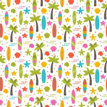 Summer seamless pattern with surfboards, palm trees and shells. Cute sea ba.. イラスト素材