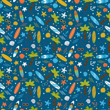 Summer seamless pattern with surfboards, palm trees, anchors, sunglasses an.. Stock Illustration