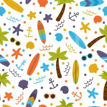 Summer seamless pattern with surfboards, palm trees, anchors, sunglasses an.. Stock Illustration