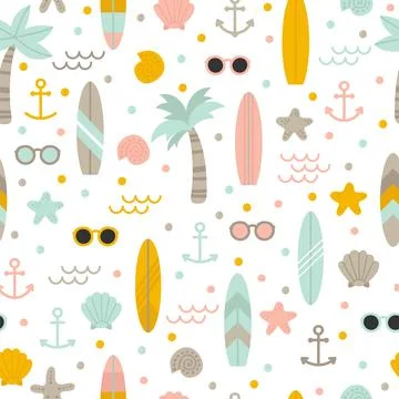 Summer seamless pattern with surfboards, palm trees, anchors, sunglasses an.. Stock Illustration