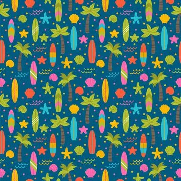 Summer seamless pattern with surfboards, palm trees and shells. Cute ocean .. イラスト素材