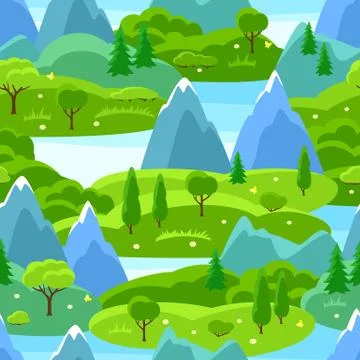 Summer seamless pattern with trees, mountains and hills. Seasonal landscape 스톡 일러스트