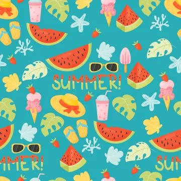 Summer seamless pattern. Tropical endless background with watermelons, ice .. Stock Illustration