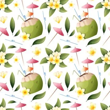 Summer seamless pattern with tropical flowers and coconut cocktail. Frangipan Stockillustratie