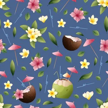 Summer seamless pattern with tropical flowers and coconut cocktail on a blue  イラスト素材