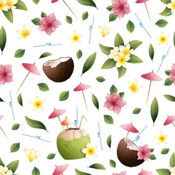 Summer seamless pattern with tropical flowers and coconut cocktail. Hibiscus, 스톡 일러스트