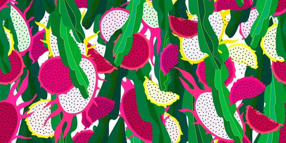 Summer seamless pattern with tropical fruit. Vector floral repeatable backd.. Stock Illustration
