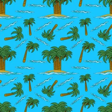 Summer seamless pattern of tropical islands, palm trees, and ocean waves on.. Illustrazione stock