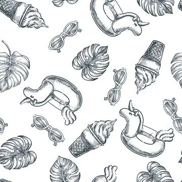 Summer seamless pattern. Unicorn pool toy, monstera leaves, ice cream, sungla Stock Illustration
