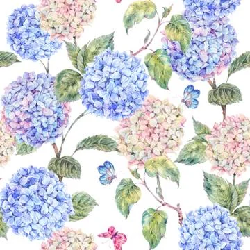 Summer seamless pattern with watercolor hydrangeas Stock Illustration