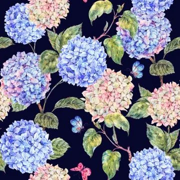 Summer seamless pattern with watercolor hydrangeas Stock Illustration