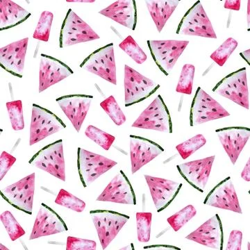 Summer seamless pattern with watermelon and fruit ice pops. Colorful watercolor Stock Illustration