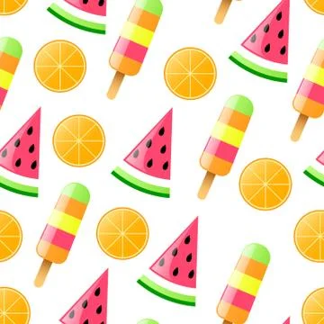 Summer seamless pattern with watermelon, orange and ice cream. Vector illus.. Stock Illustration