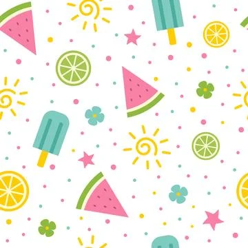 Summer seamless pattern with watermelon slice, lemon, lime and ice cream. V.. Stock Illustration