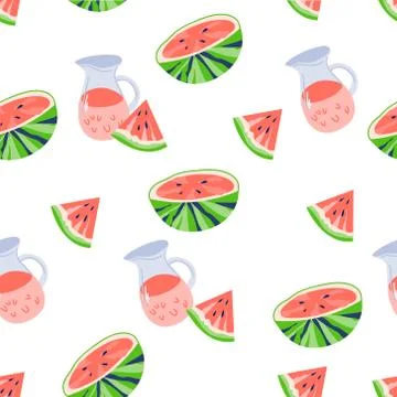 Summer seamless pattern with watermelon slices and jug vector illustration. Stock Illustration