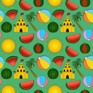 Summer seamless pattern of watermelons, beach balls, sandcastles, sun, and .. Stock Illustration
