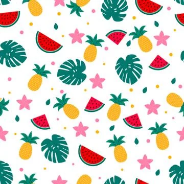 Summer seamless pattern with watermelons, pineapples and palm leaves. Seasona Stock Illustration