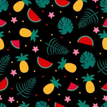 Summer seamless pattern with watermelons, pineapples and palm leaves on black Stock Illustration